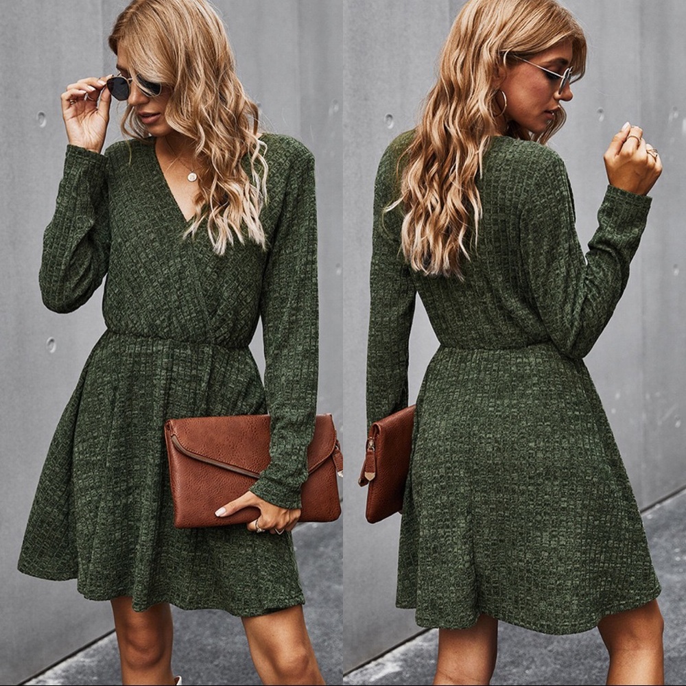 🆕V Neck Long Sleeve Fall Dress Forest